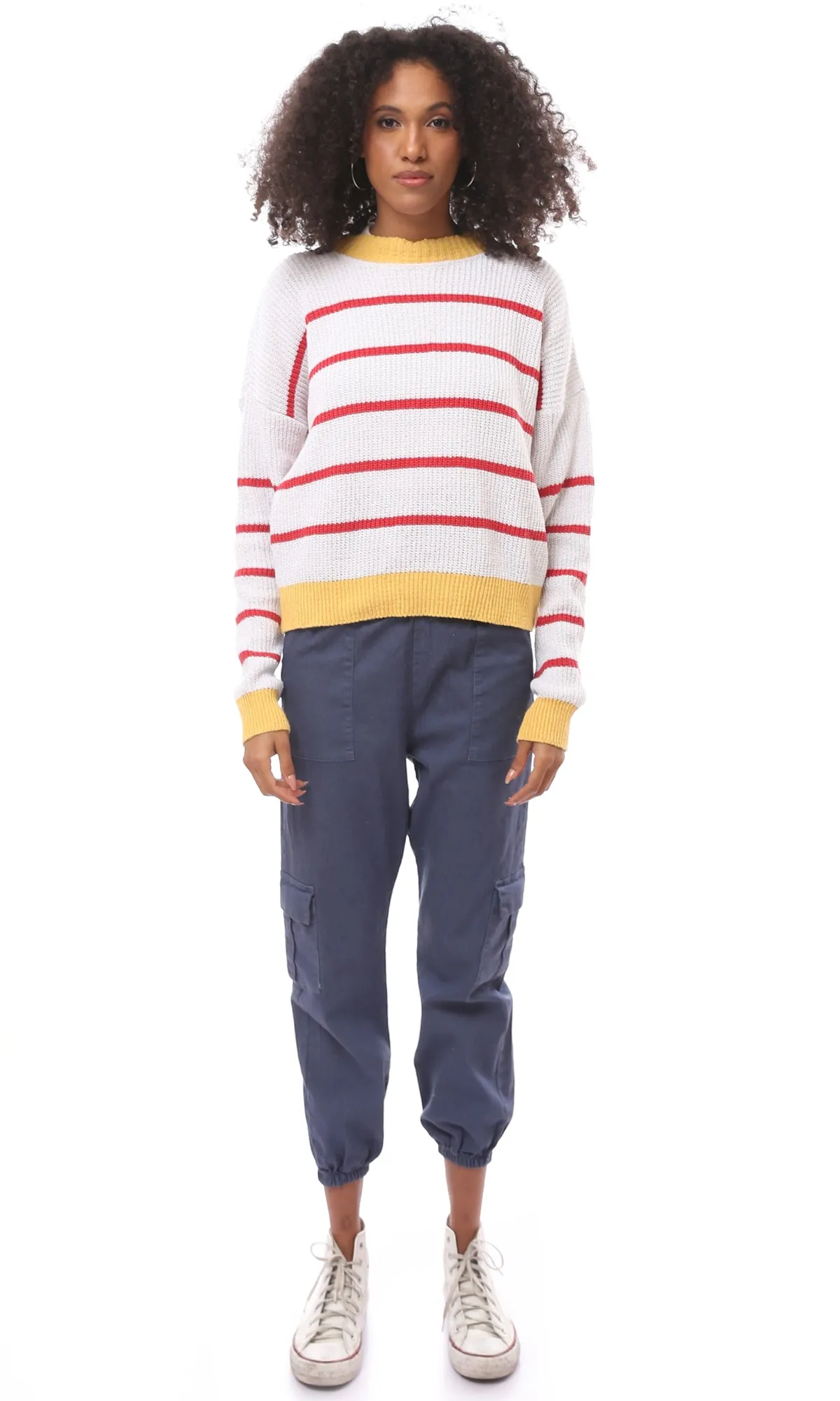 O171376 Tri-Tone Crew Neck Knitted Pullover - Yellow, White & Red