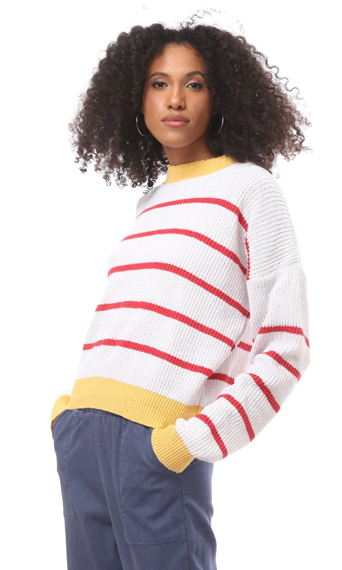 O171376 Tri-Tone Crew Neck Knitted Pullover - Yellow, White & Red