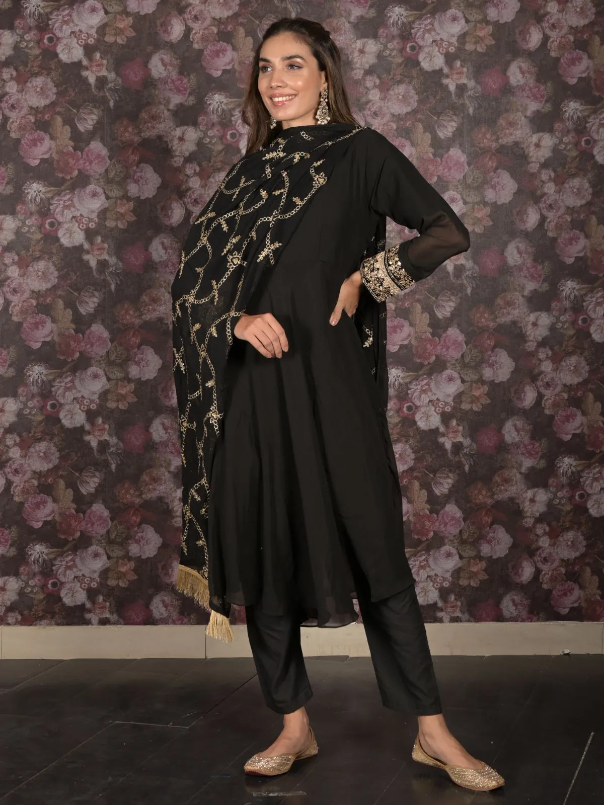 Odette Black Embroidered Stitched Fit and Flare Georgette Kurta Set for Womem