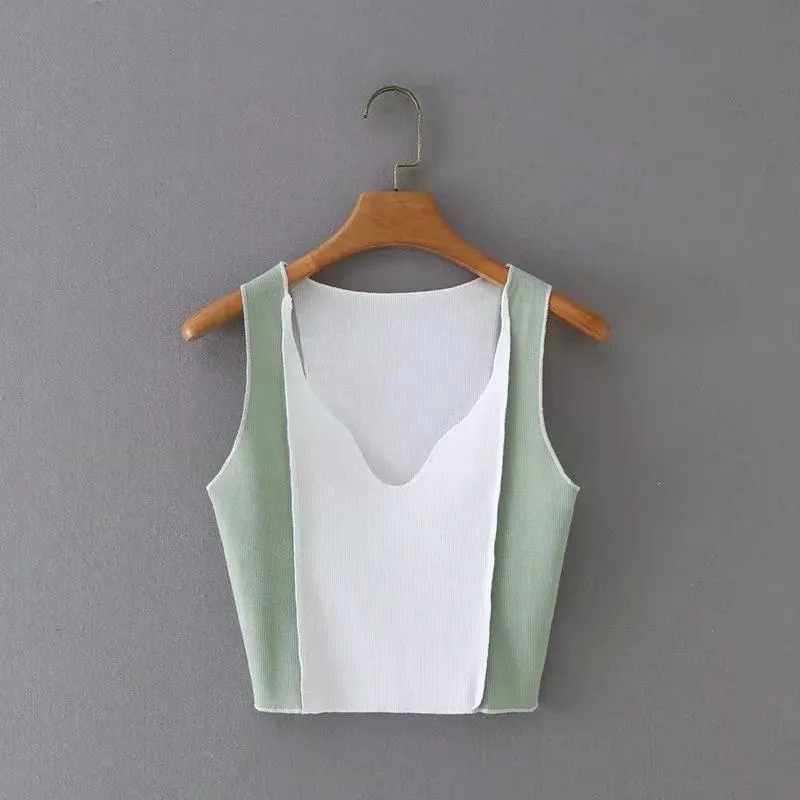 V-neck Patchwork Color Vest Top