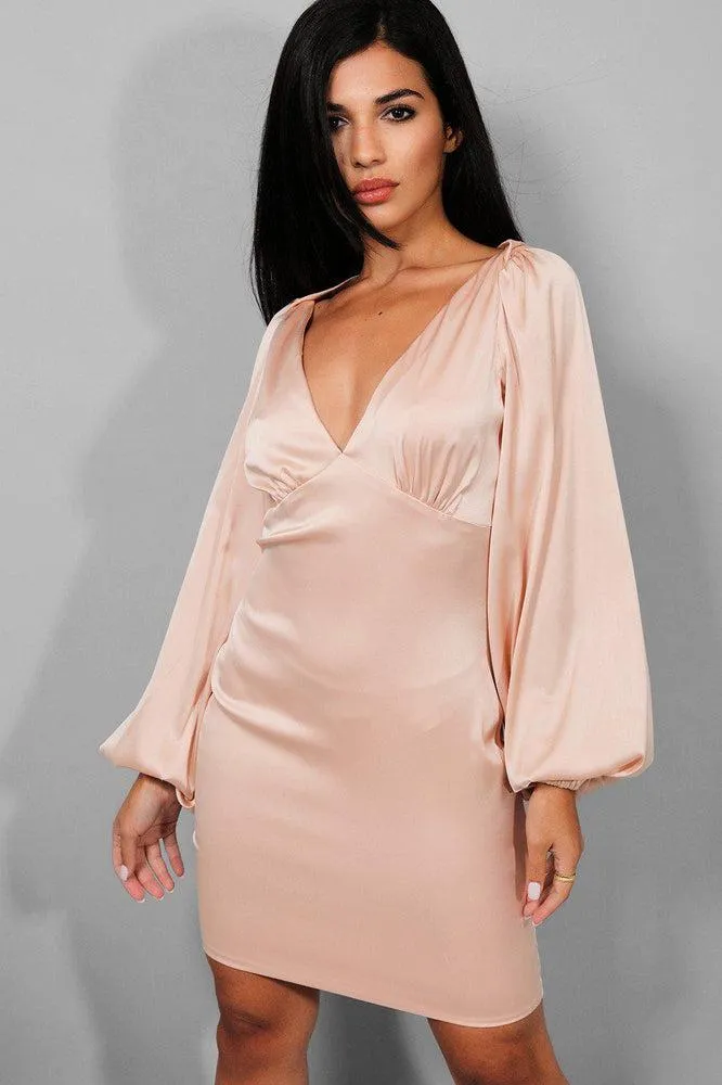 Pink V-Neck Volume Sleeves Mini Dress