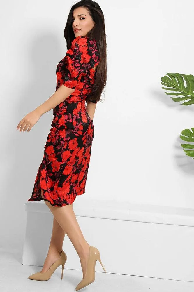 Red Black Floral Print Milkmaid Dress