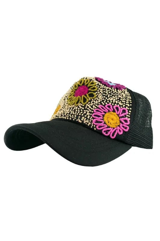 Tulum Hand Embroidered Trucker Flower Hat