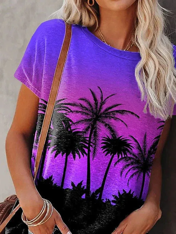 Purple Plants Print Women's Casual Holiday T-Shirt