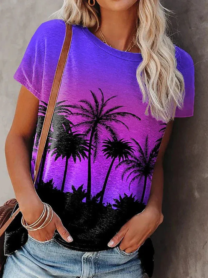 Purple Plants Print Women's Casual Holiday T-Shirt