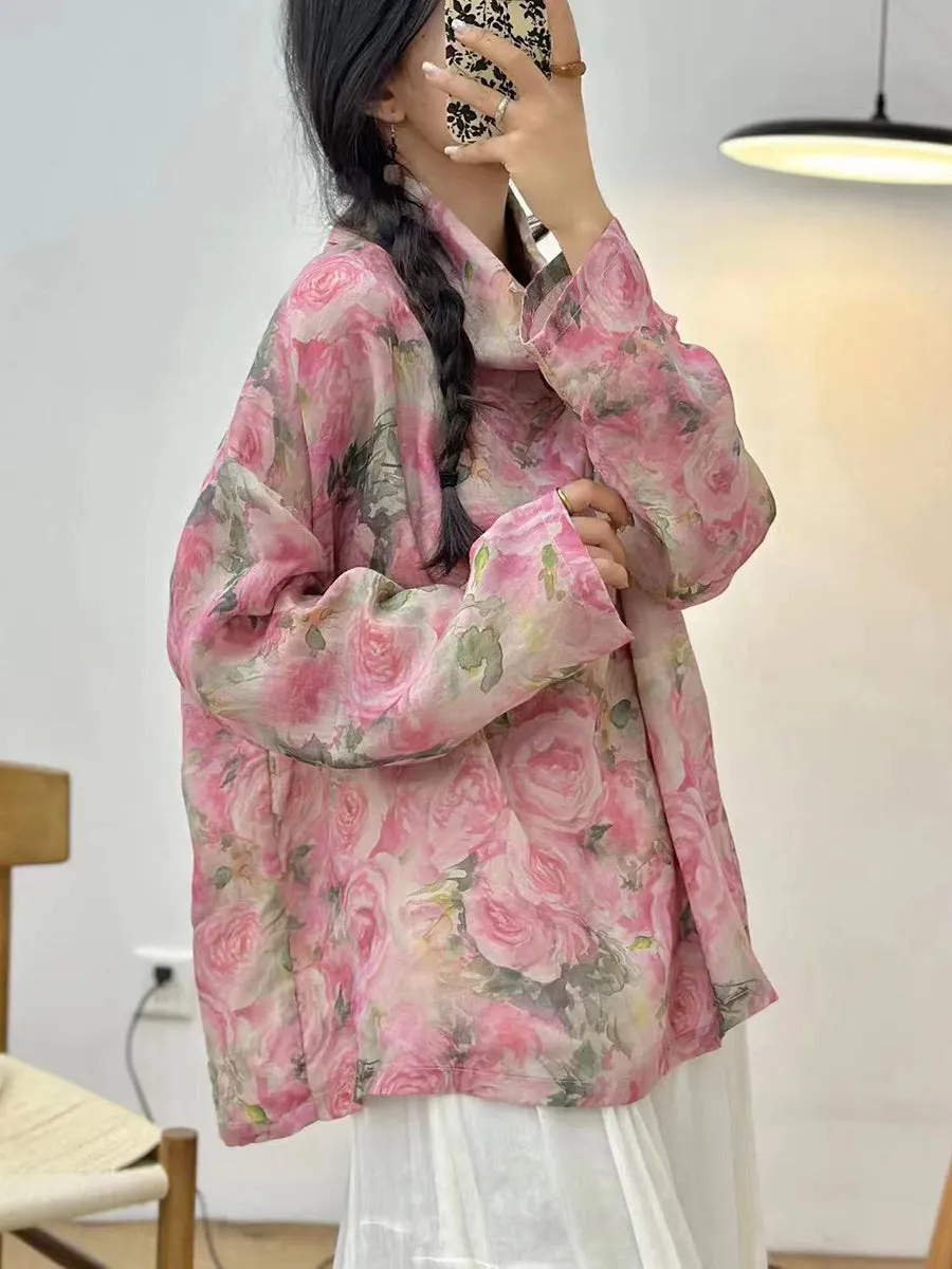 Women Spring Flower Print Ramie Pile Collar Shirt