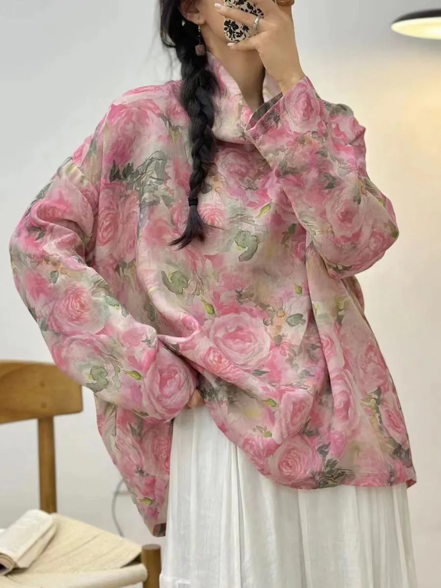 Women Spring Flower Print Ramie Pile Collar Shirt